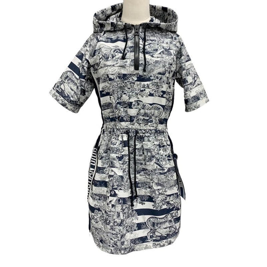 Christian DIOR Dress Front Zip Hoodie Short Sleeve Navy White