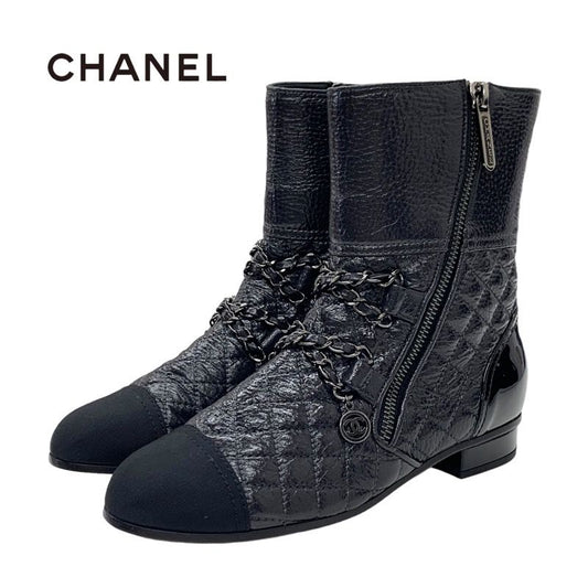 Chanel Boots Short Boots Shoes Leather Black Here Mark Chain Matelasse