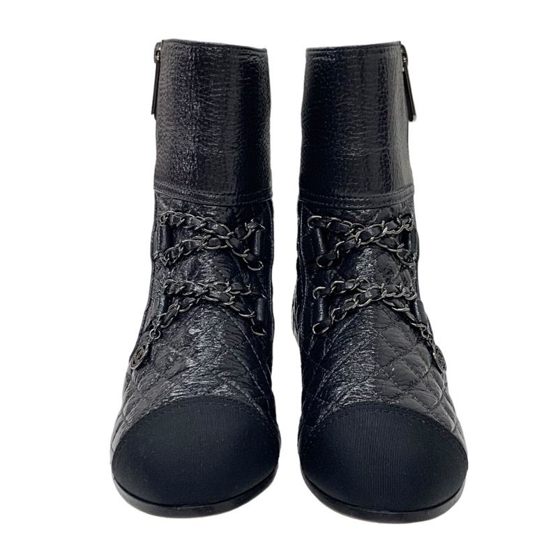 Chanel Boots Short Boots Shoes Leather Black Here Mark Chain Matelasse