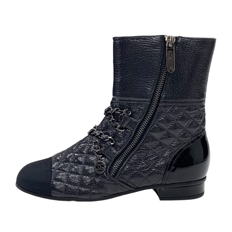 Chanel Boots Short Boots Shoes Leather Black Here Mark Chain Matelasse