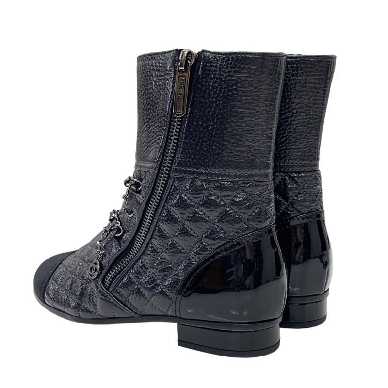 Chanel Boots Short Boots Shoes Leather Black Here Mark Chain Matelasse
