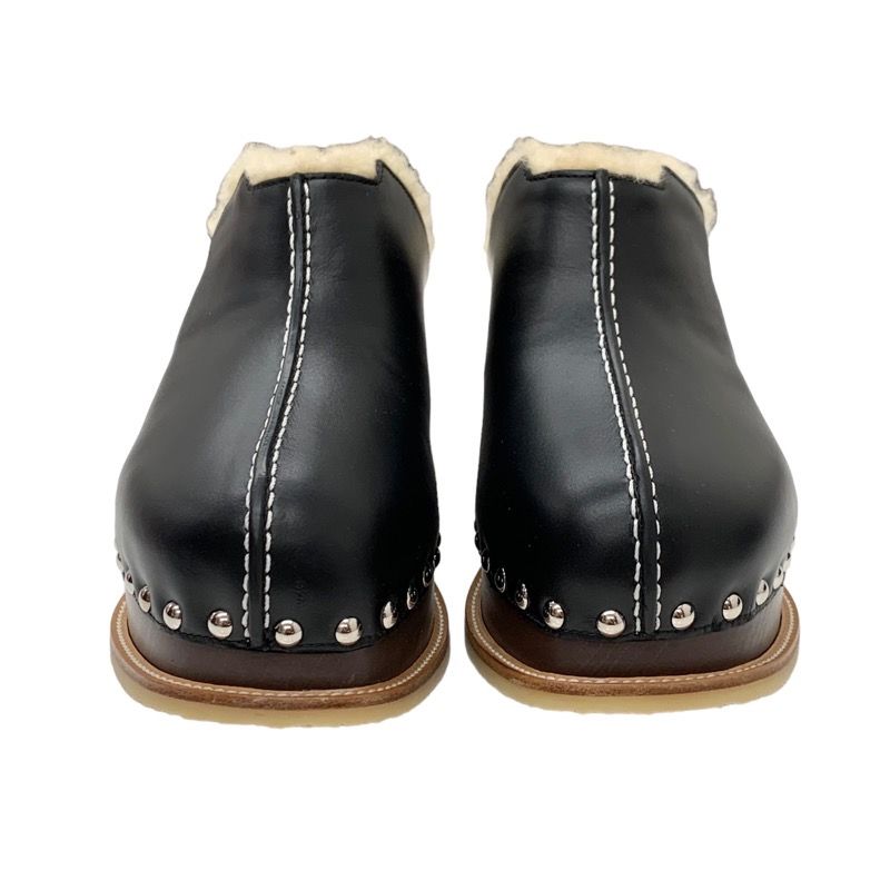 Unused Hermes Earth Sandals Shoes Leather Shearling Wood Black Sabot Mule Studs