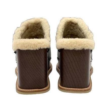 Unused Hermes Earth Sandals Shoes Leather Shearling Wood Black Sabot Mule Studs