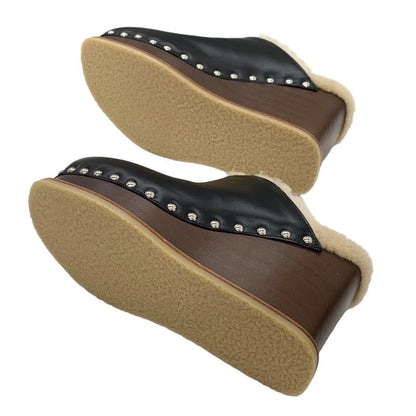 Unused Hermes Earth Sandals Shoes Leather Shearling Wood Black Sabot Mule Studs