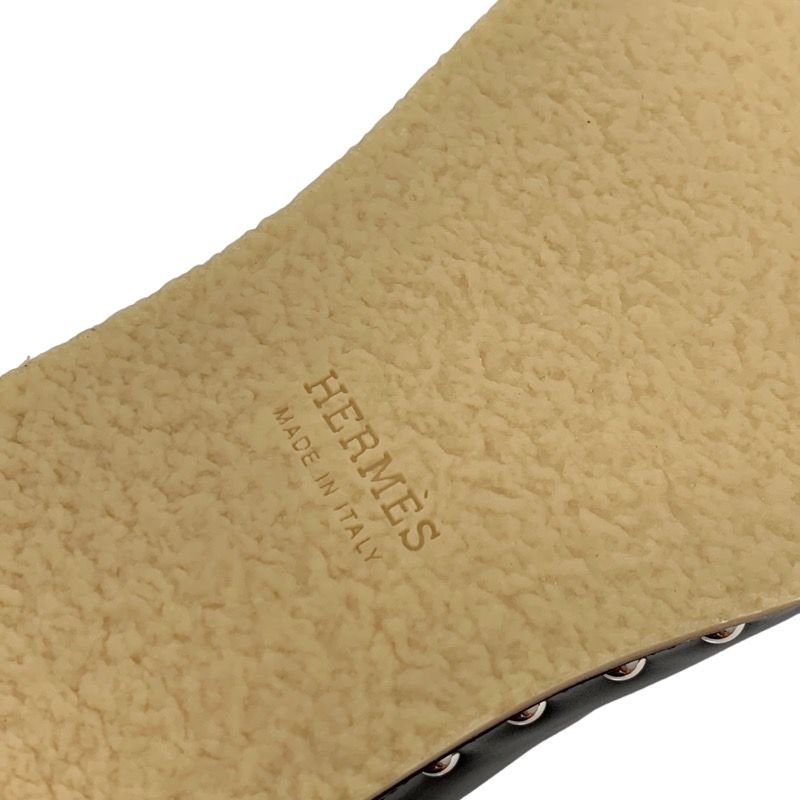 Unused Hermes Earth Sandals Shoes Leather Shearling Wood Black Sabot Mule Studs