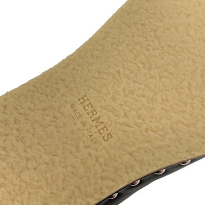 Unused Hermes Earth Sandals Shoes Leather Shearling Wood Black Sabot Mule Studs