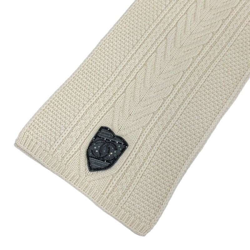 Chanel Muffler Cashmere White Coco Mark Patch Rhinestone Chain Scarf