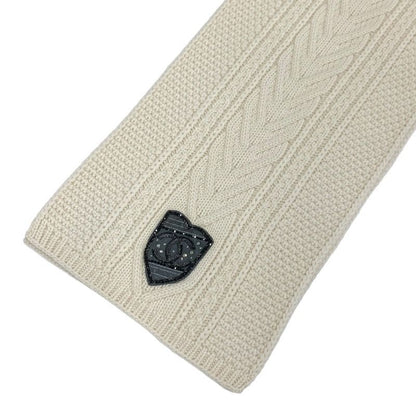 Chanel Muffler Cashmere White Coco Mark Patch Rhinestone Chain Scarf