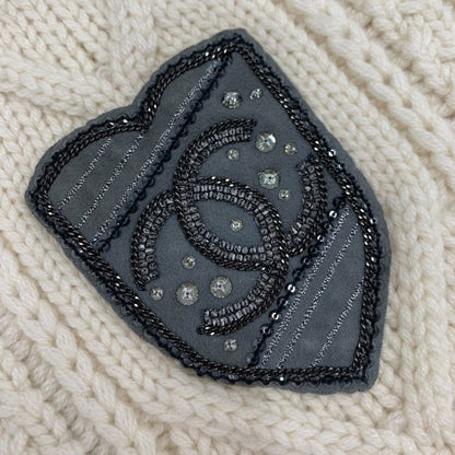 Chanel Muffler Cashmere White Coco Mark Patch Rhinestone Chain Scarf