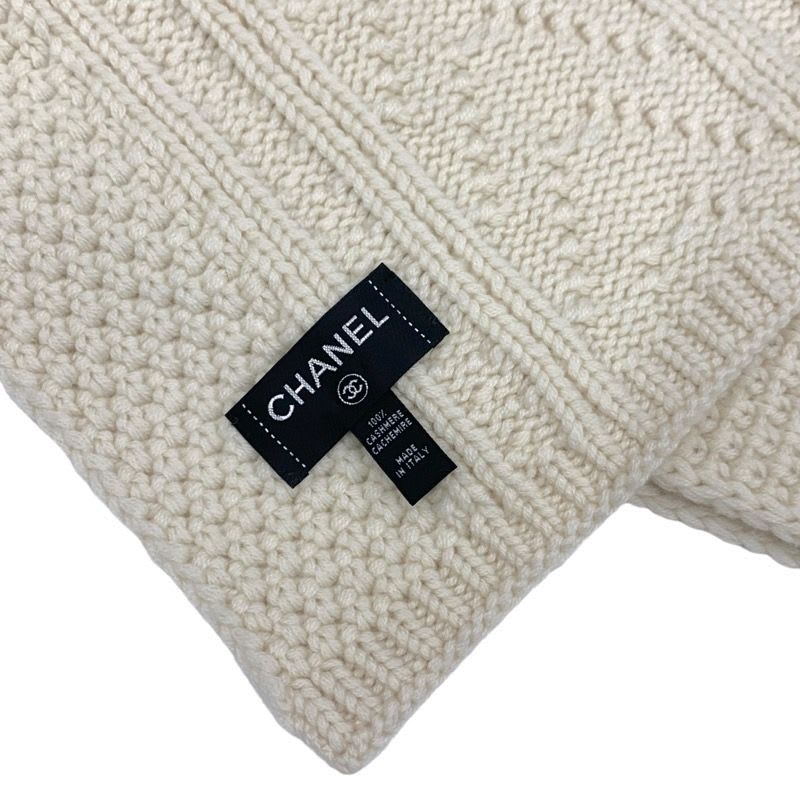 Chanel Muffler Cashmere White Coco Mark Patch Rhinestone Chain Scarf