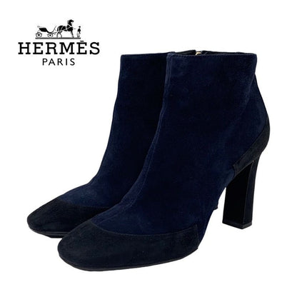 Hermes Boots Short Boots Shoes Suede Navy Black Bicolor