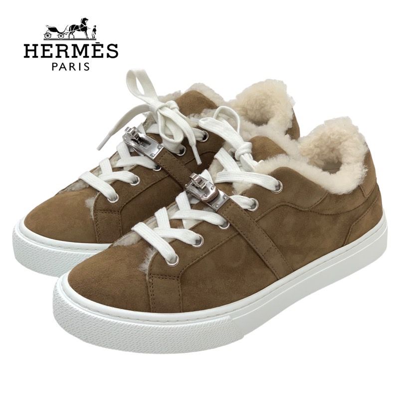 Hermes Day Sneakers Shoes Suede Shearling Brown Unused Kelly Buckle