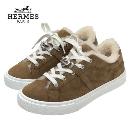 Hermes Day Sneakers Shoes Suede Shearling Brown Unused Kelly Buckle