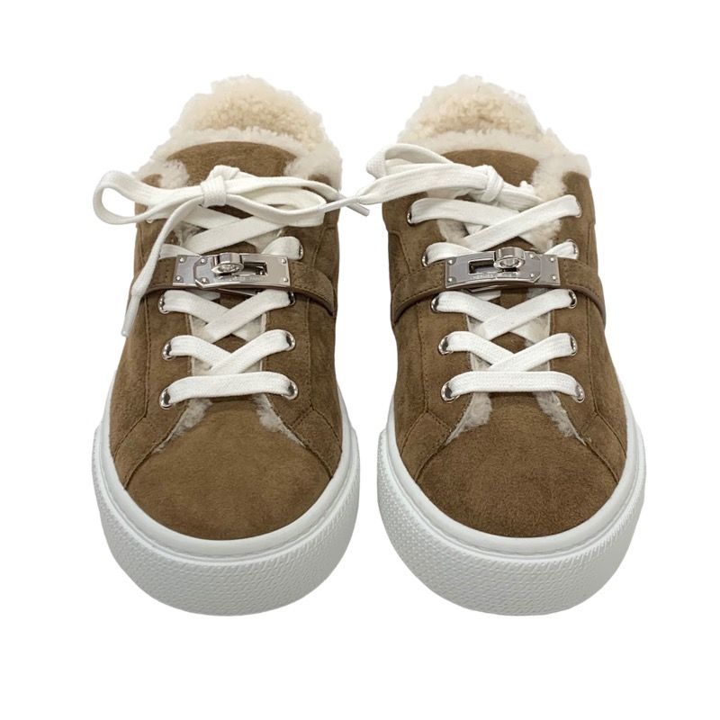 Hermes Day Sneakers Shoes Suede Shearling Brown Unused Kelly Buckle