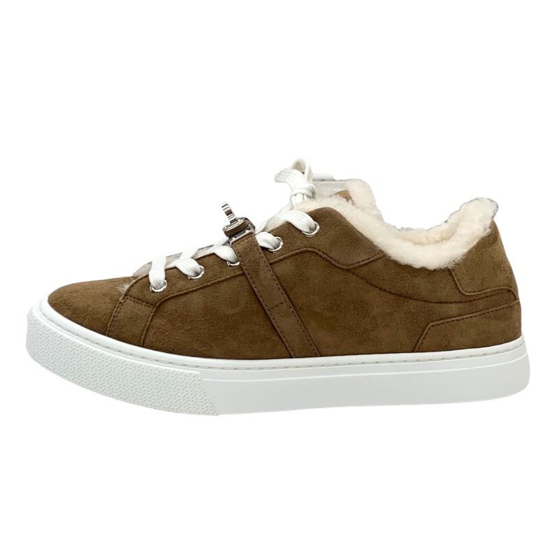 Hermes Day Sneakers Shoes Suede Shearling Brown Unused Kelly Buckle