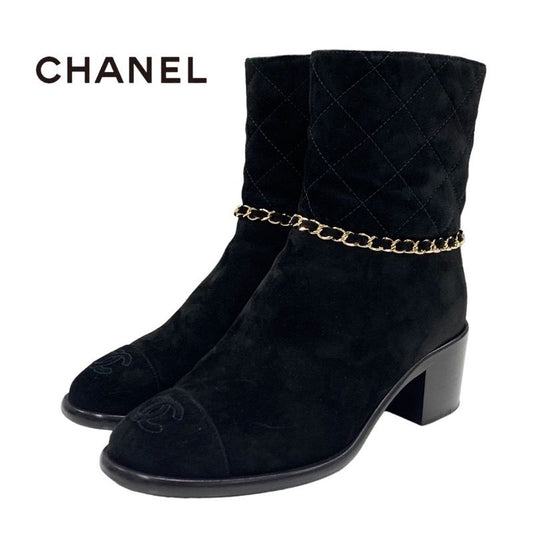 Chanel Boots Short Boots Shoes Chain Here Mark Suede Black Gold