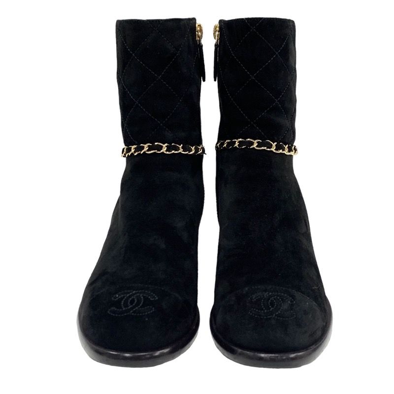 Chanel Boots Short Boots Shoes Chain Here Mark Suede Black Gold