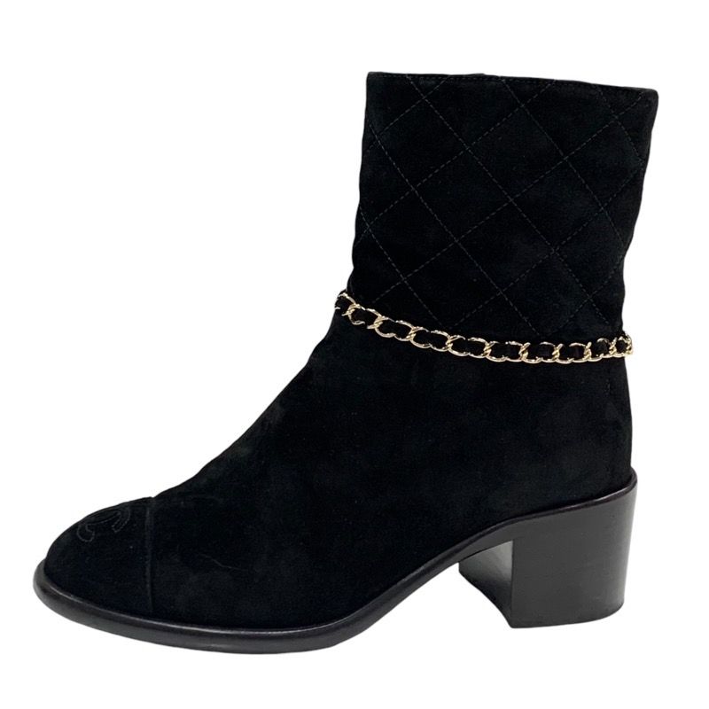 Chanel Boots Short Boots Shoes Chain Here Mark Suede Black Gold