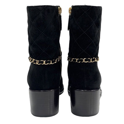 Chanel Boots Short Boots Shoes Chain Here Mark Suede Black Gold