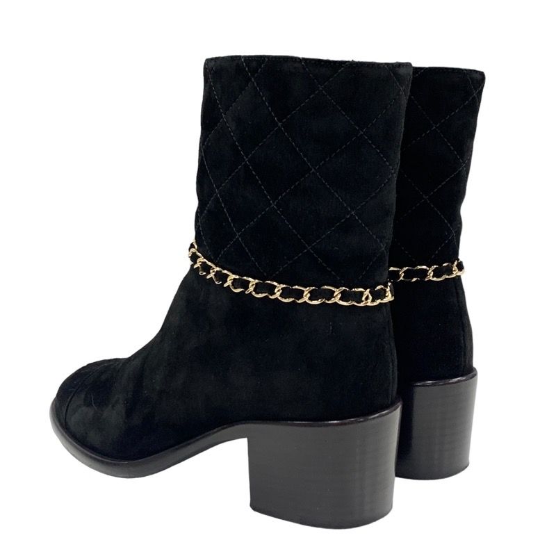 Chanel Boots Short Boots Shoes Chain Here Mark Suede Black Gold