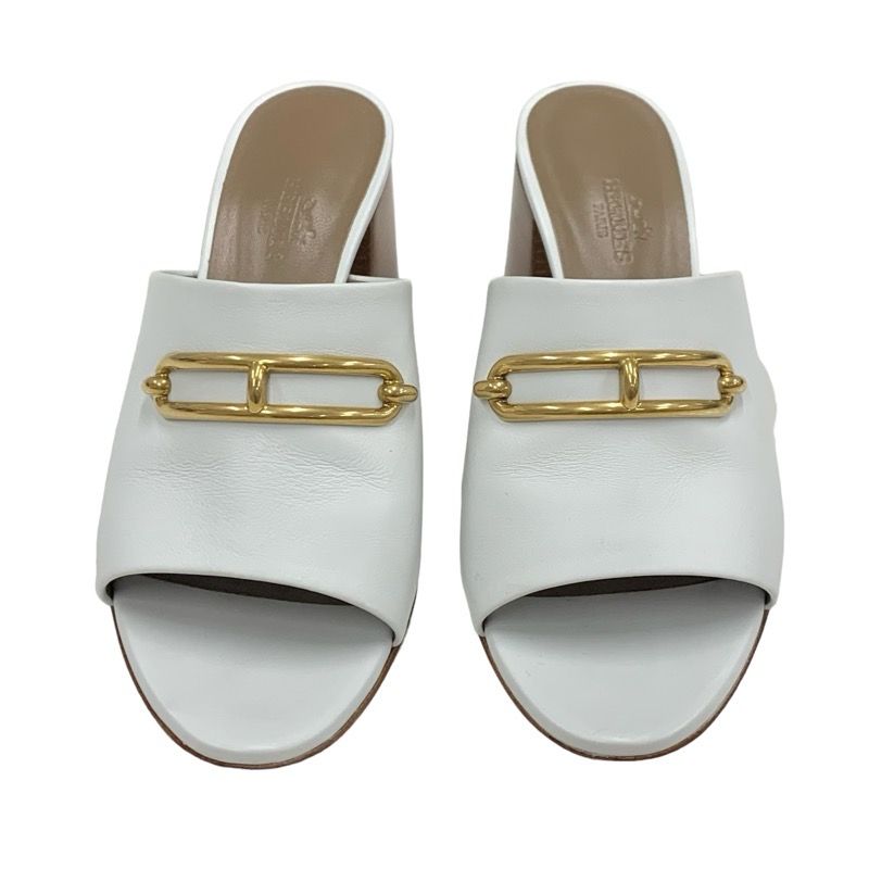 Hermes Camilla Sandals Shoes Leather White Gold Mule Luli Buckle