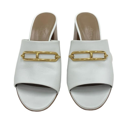 Hermes Camilla Sandals Shoes Leather White Gold Mule Luli Buckle
