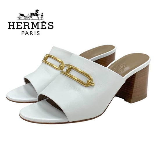Hermes Camilla Sandals Shoes Leather White Gold Mule Luli Buckle