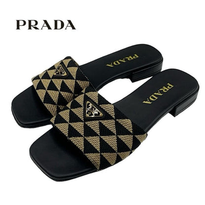 Prada Sandals Flat Sandals Mules Shoes Logo Plate Triangle Fabric Black Beige