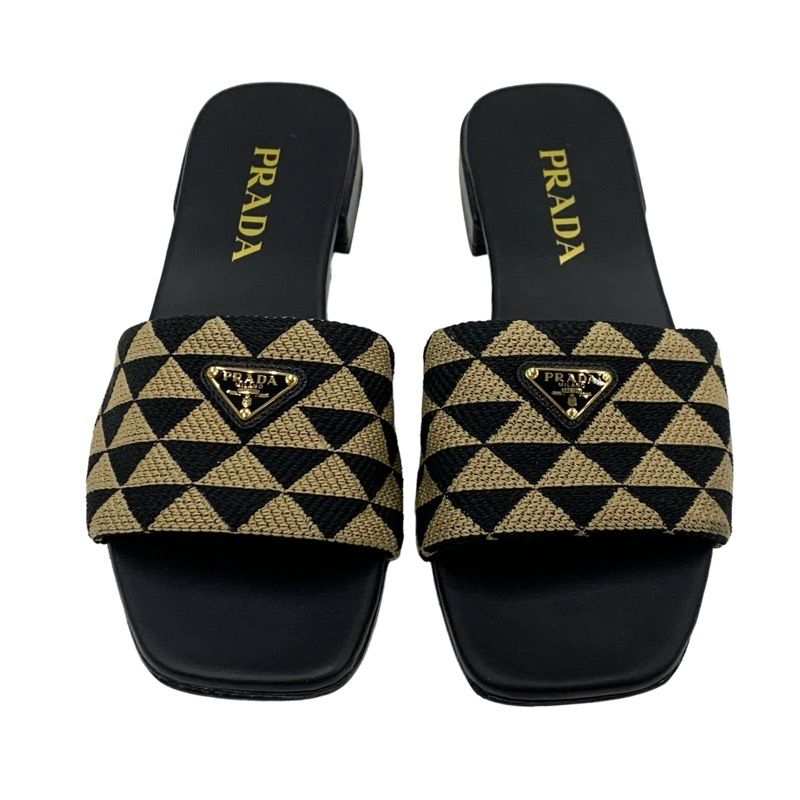 Prada Sandals Flat Sandals Mules Shoes Logo Plate Triangle Fabric Black Beige