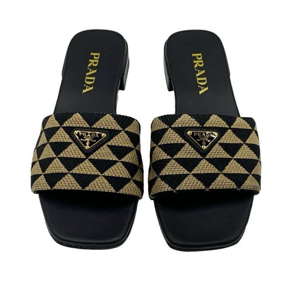 Prada Sandals Flat Sandals Mules Shoes Logo Plate Triangle Fabric Black Beige