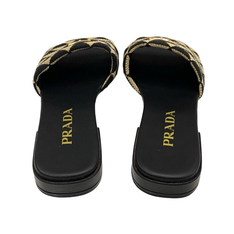 Prada Sandals Flat Sandals Mules Shoes Logo Plate Triangle Fabric Black Beige