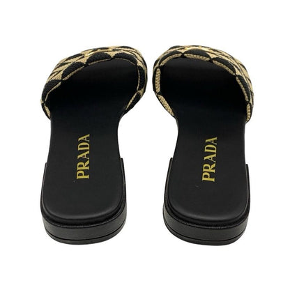 Prada Sandals Flat Sandals Mules Shoes Logo Plate Triangle Fabric Black Beige