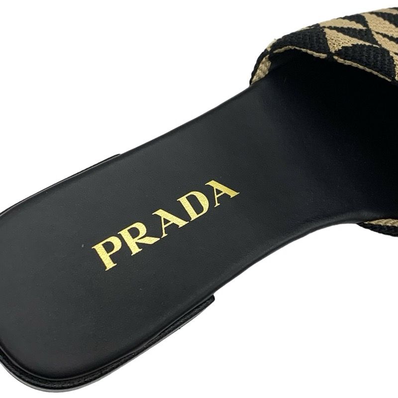 Prada Sandals Flat Sandals Mules Shoes Logo Plate Triangle Fabric Black Beige