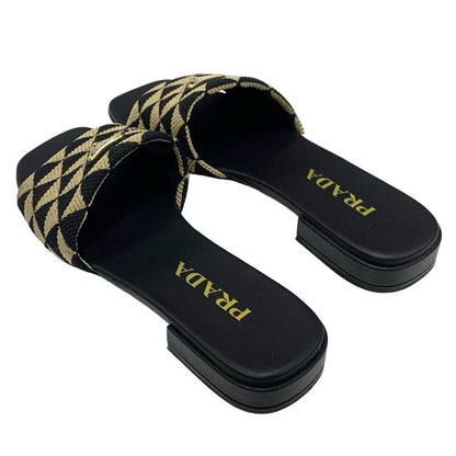 Prada Sandals Flat Sandals Mules Shoes Logo Plate Triangle Fabric Black Beige