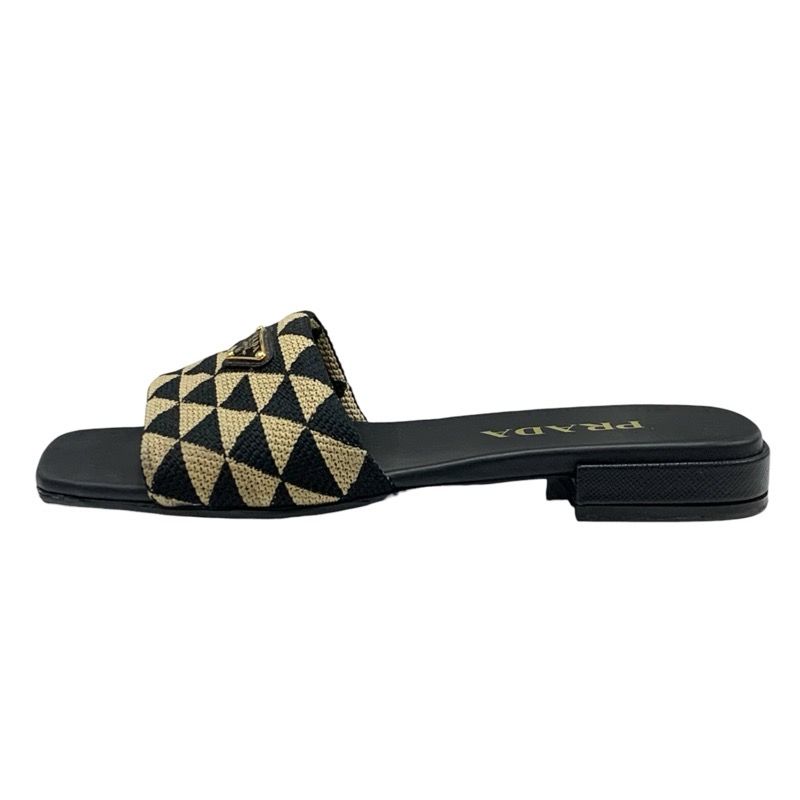 Prada Sandals Flat Sandals Mules Shoes Logo Plate Triangle Fabric Black Beige