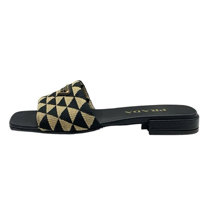 Prada Sandals Flat Sandals Mules Shoes Logo Plate Triangle Fabric Black Beige