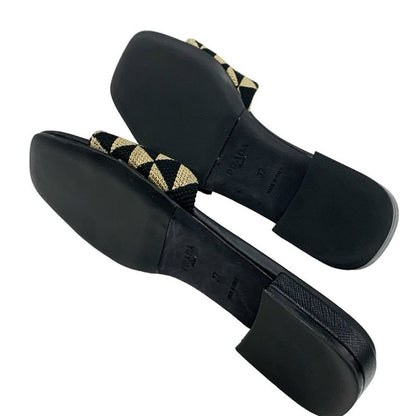 Prada Sandals Flat Sandals Mules Shoes Logo Plate Triangle Fabric Black Beige
