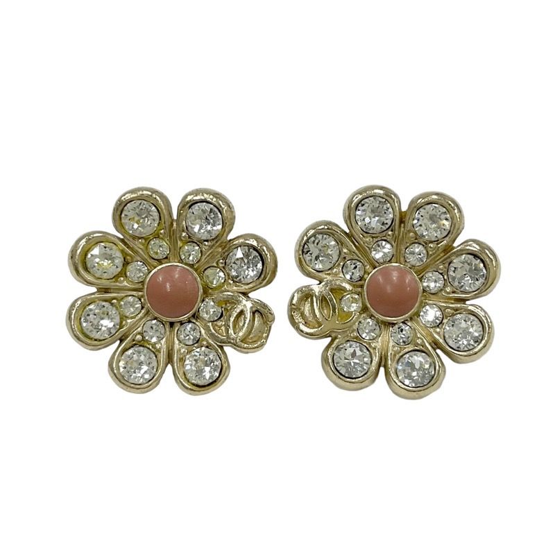 Chanel Earrings Earring Gold Coco Mark Flower Rhinestone