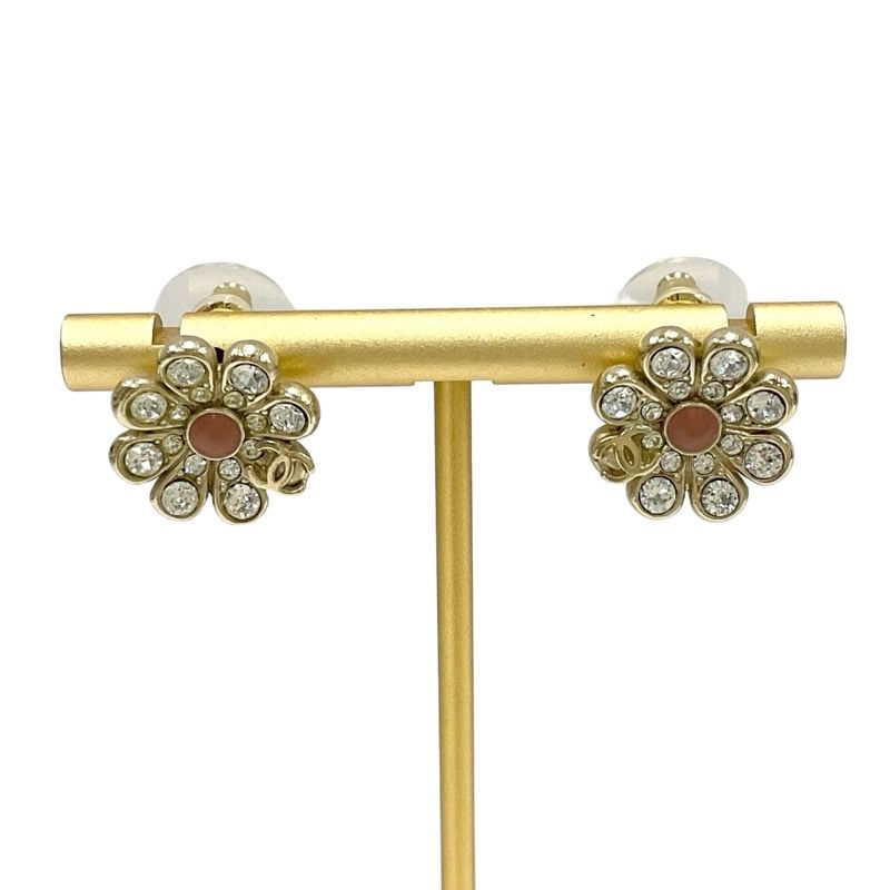 Chanel Earrings Earring Gold Coco Mark Flower Rhinestone