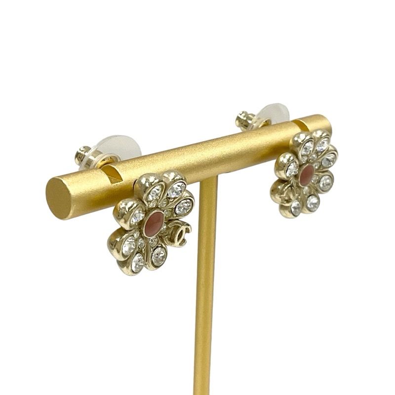 Chanel Earrings Earring Gold Coco Mark Flower Rhinestone