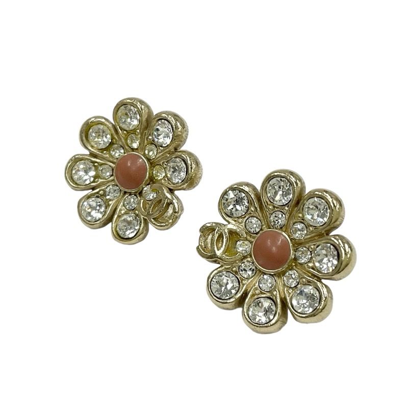 Chanel Earrings Earring Gold Coco Mark Flower Rhinestone