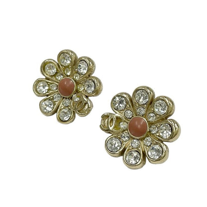 Chanel Earrings Earring Gold Coco Mark Flower Rhinestone