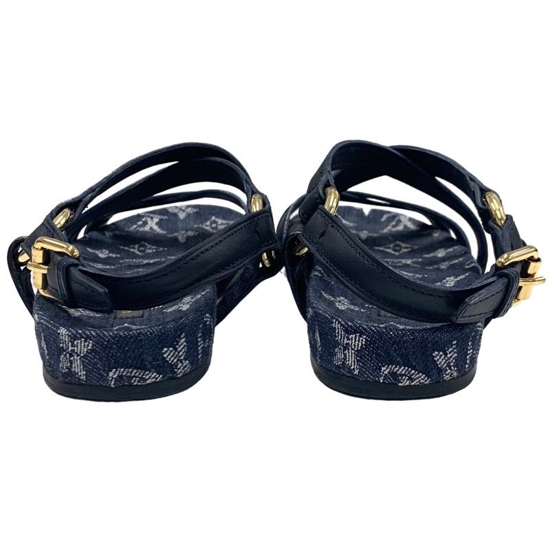 Louis Vuitton O Chien Line Monogram Sandals Shoes Leather Denim Navy Flat
