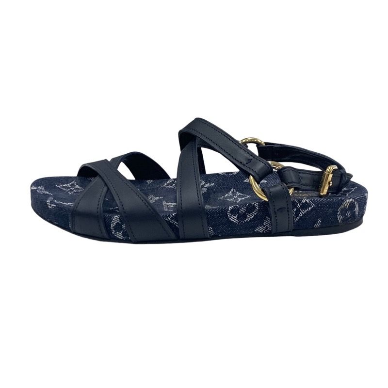 Louis Vuitton O Chien Line Monogram Sandals Shoes Leather Denim Navy Flat