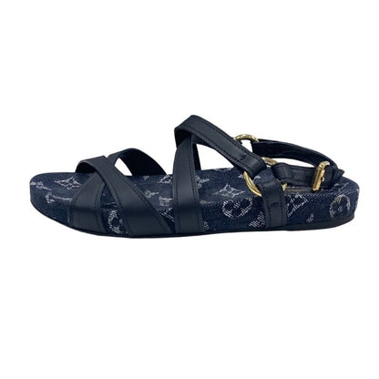 Louis Vuitton O Chien Line Monogram Sandals Shoes Leather Denim Navy Flat