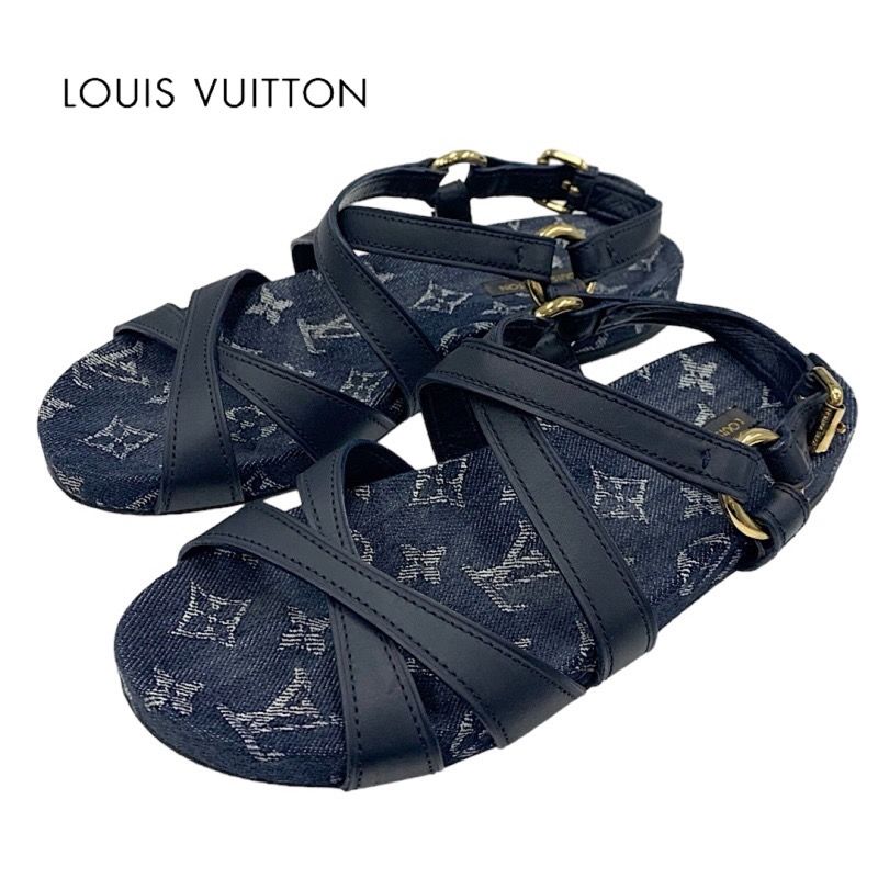 Louis Vuitton O Chien Line Monogram Sandals Shoes Leather Denim Navy Flat