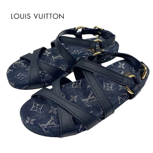 Louis Vuitton O Chien Line Monogram Sandals Shoes Leather Denim Navy Flat