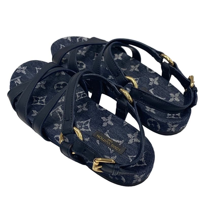 Louis Vuitton O Chien Line Monogram Sandals Shoes Leather Denim Navy Flat