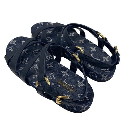 Louis Vuitton O Chien Line Monogram Sandals Shoes Leather Denim Navy Flat