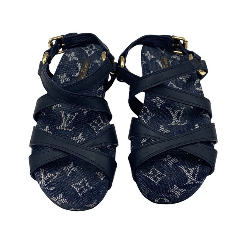 Louis Vuitton O Chien Line Monogram Sandals Shoes Leather Denim Navy Flat